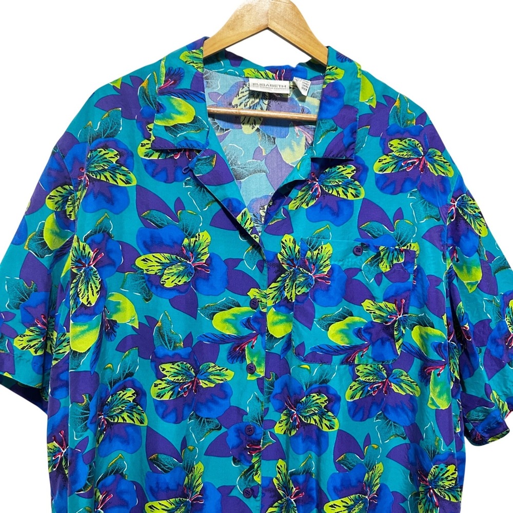 Vintage 90s Elisabeth Women Tropical Floral Button Front Top 20 Teal Silk Resort - Picture 3 of 7